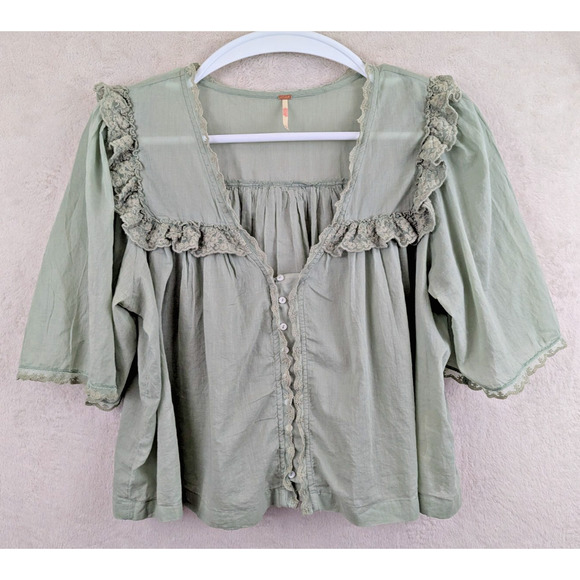 Free People Tops - Free People sz XL Luna Crop Top green semi sheer thin gauzy like blouse 2179